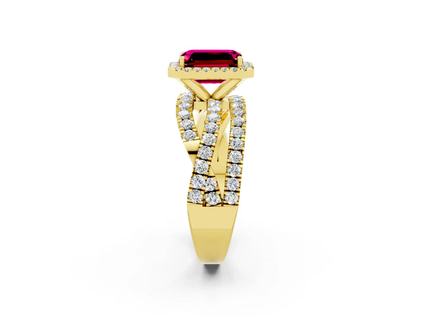 Yellow gold Emerald Cut Garnet Halo Ring with Round Split Shank and Prong Setting