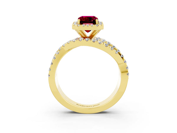 Yellow gold Emerald Cut Garnet Halo Ring with Round Split Shank and Prong Setting