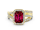 Yellow gold Emerald Cut Garnet Halo Ring with Round Split Shank and Prong Setting_48