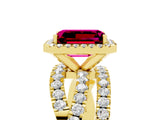 Yellow gold Emerald Cut Garnet Halo Ring with Round Split Shank and Prong Setting_53