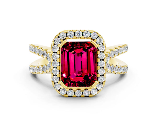 Yellow gold Emerald Cut Garnet Halo Ring with Split Shank Pavé Band and Prong Setting