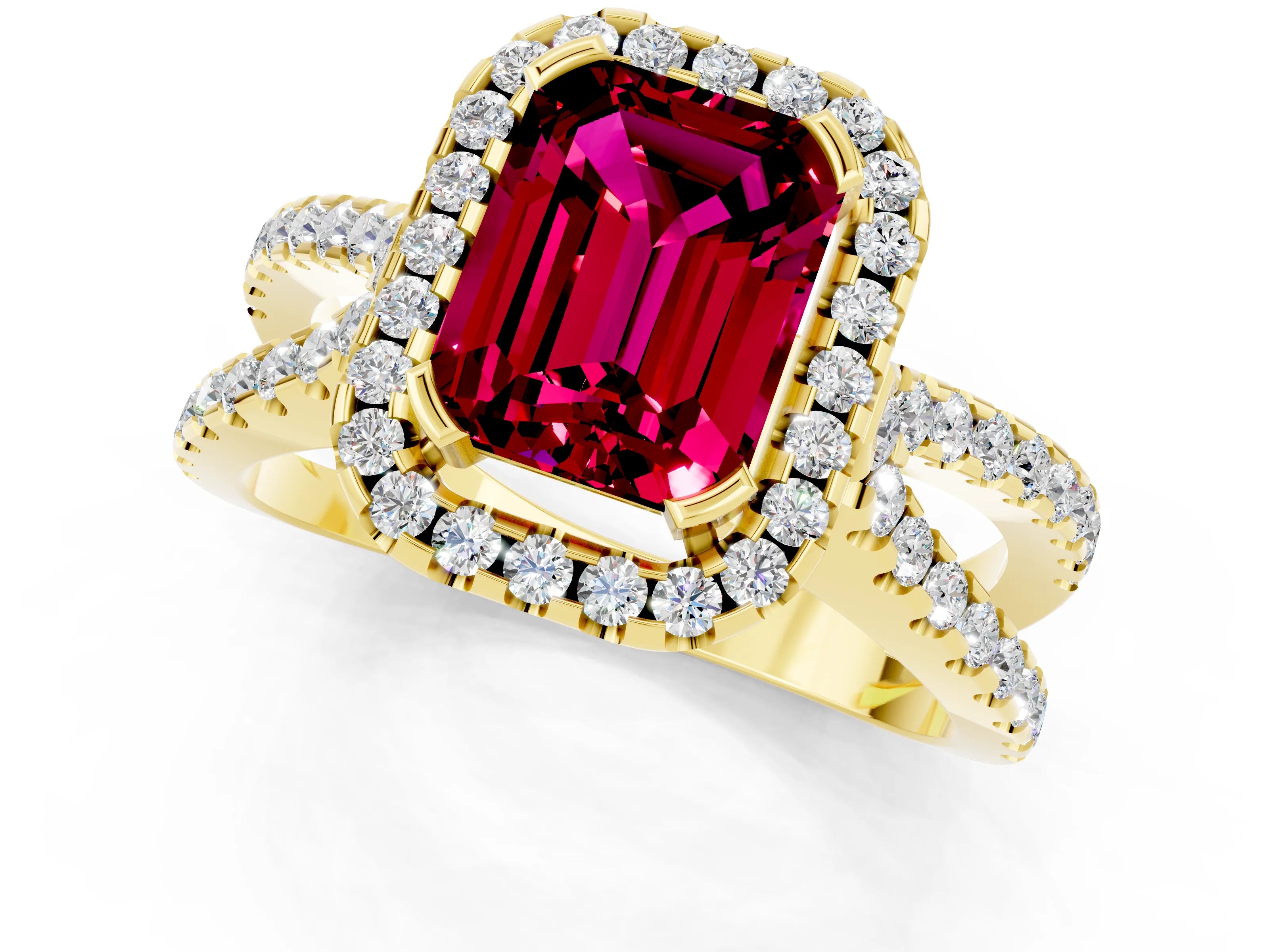 Yellow gold Emerald Cut Garnet Halo Ring with Split Shank Pavé Band and Prong Setting_1