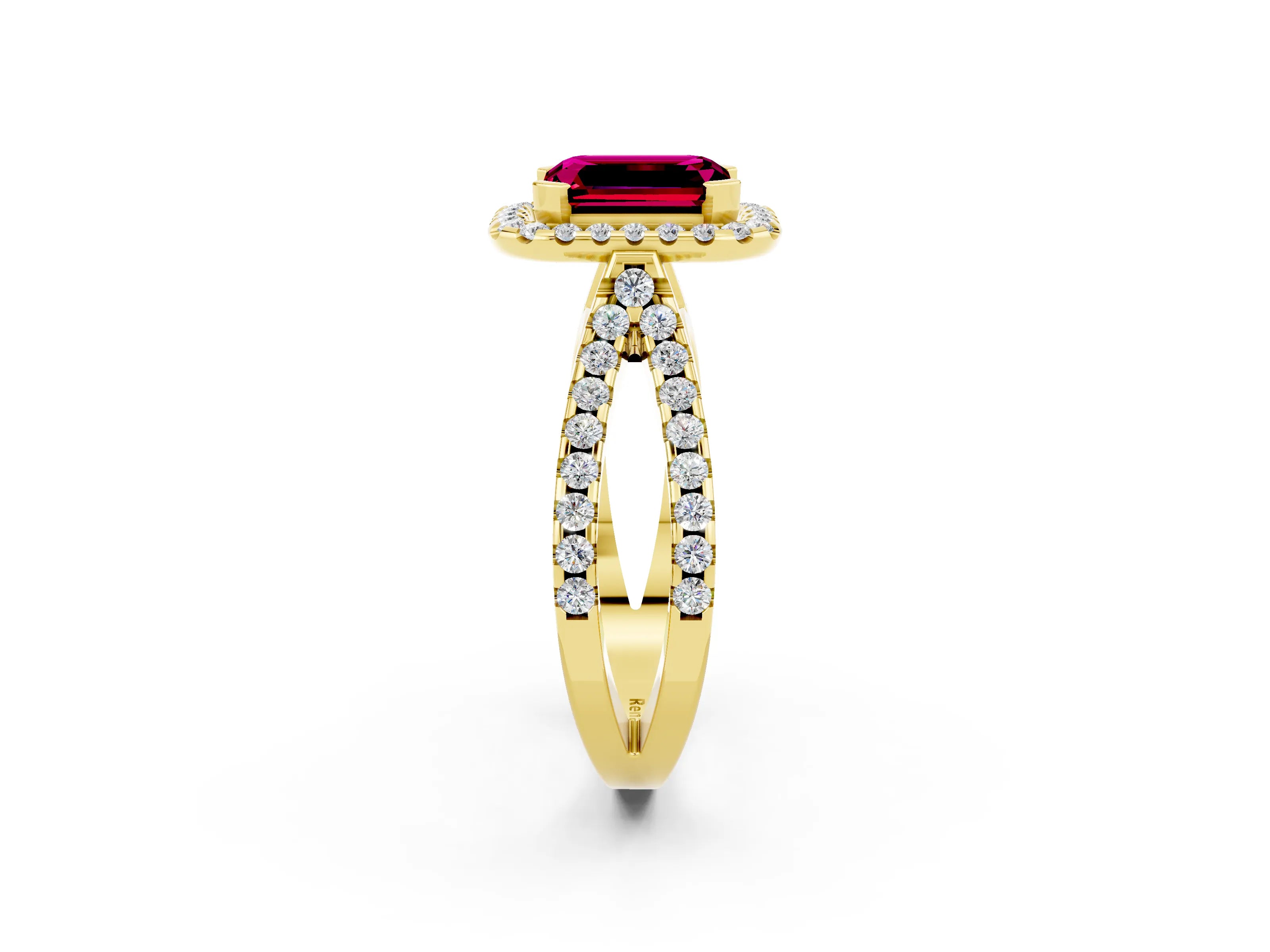 Yellow gold Emerald Cut Garnet Halo Ring with Split Shank Pavé Band and Prong Setting_2