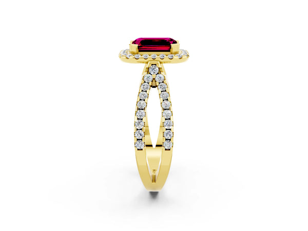 Yellow gold Emerald Cut Garnet Halo Ring with Split Shank Pavé Band and Prong Setting