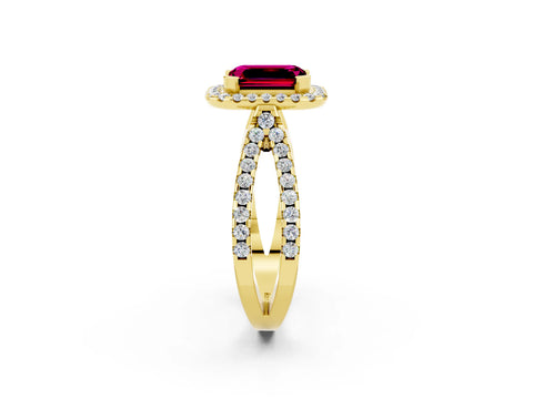 Yellow gold Emerald Cut Garnet Halo Ring with Split Shank Pavé Band and Prong Setting_2
