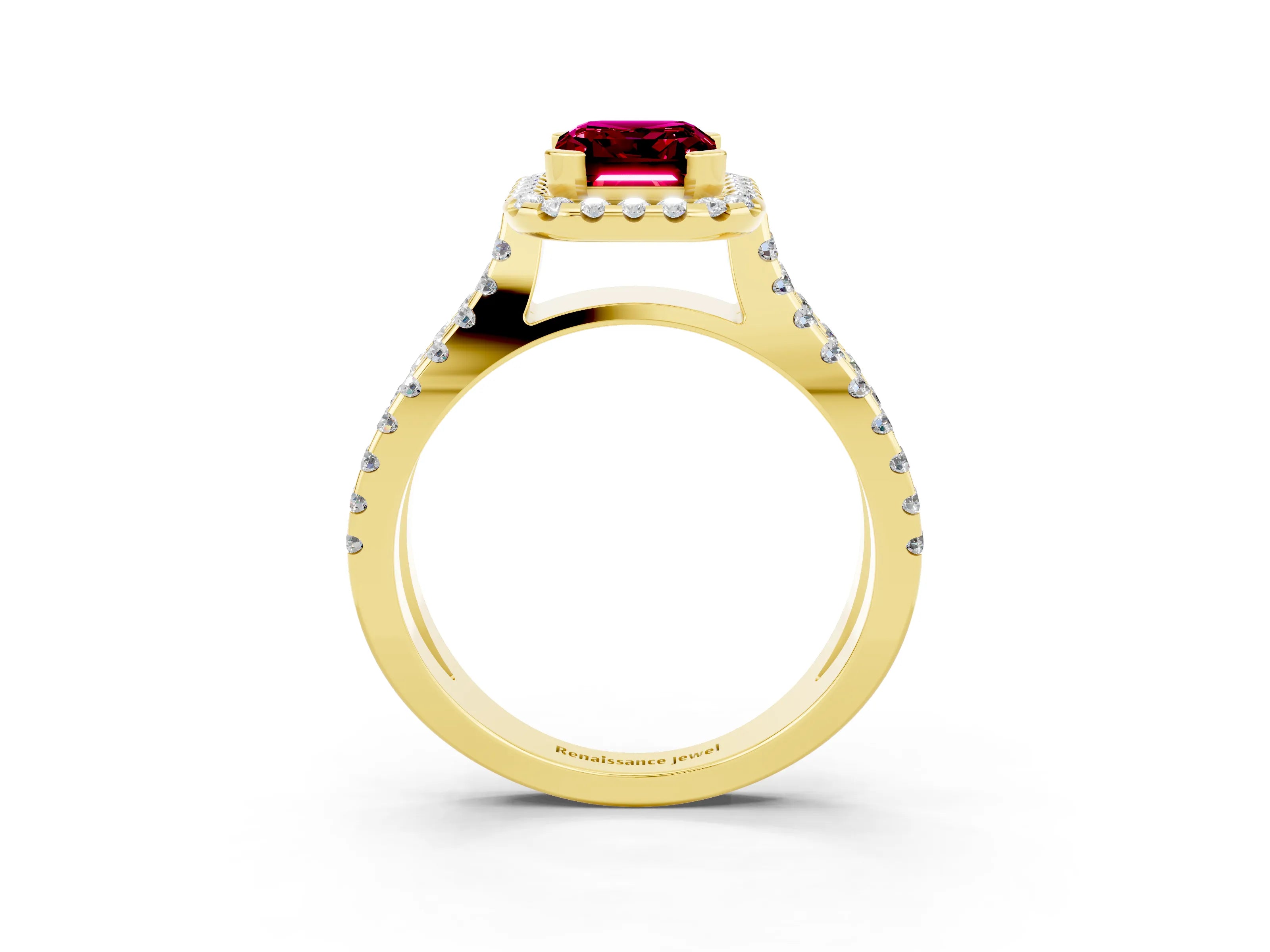 Yellow gold Emerald Cut Garnet Halo Ring with Split Shank Pavé Band and Prong Setting_3