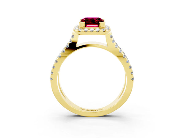Yellow gold Emerald Cut Garnet Halo Ring with Split Shank Pavé Band and Prong Setting