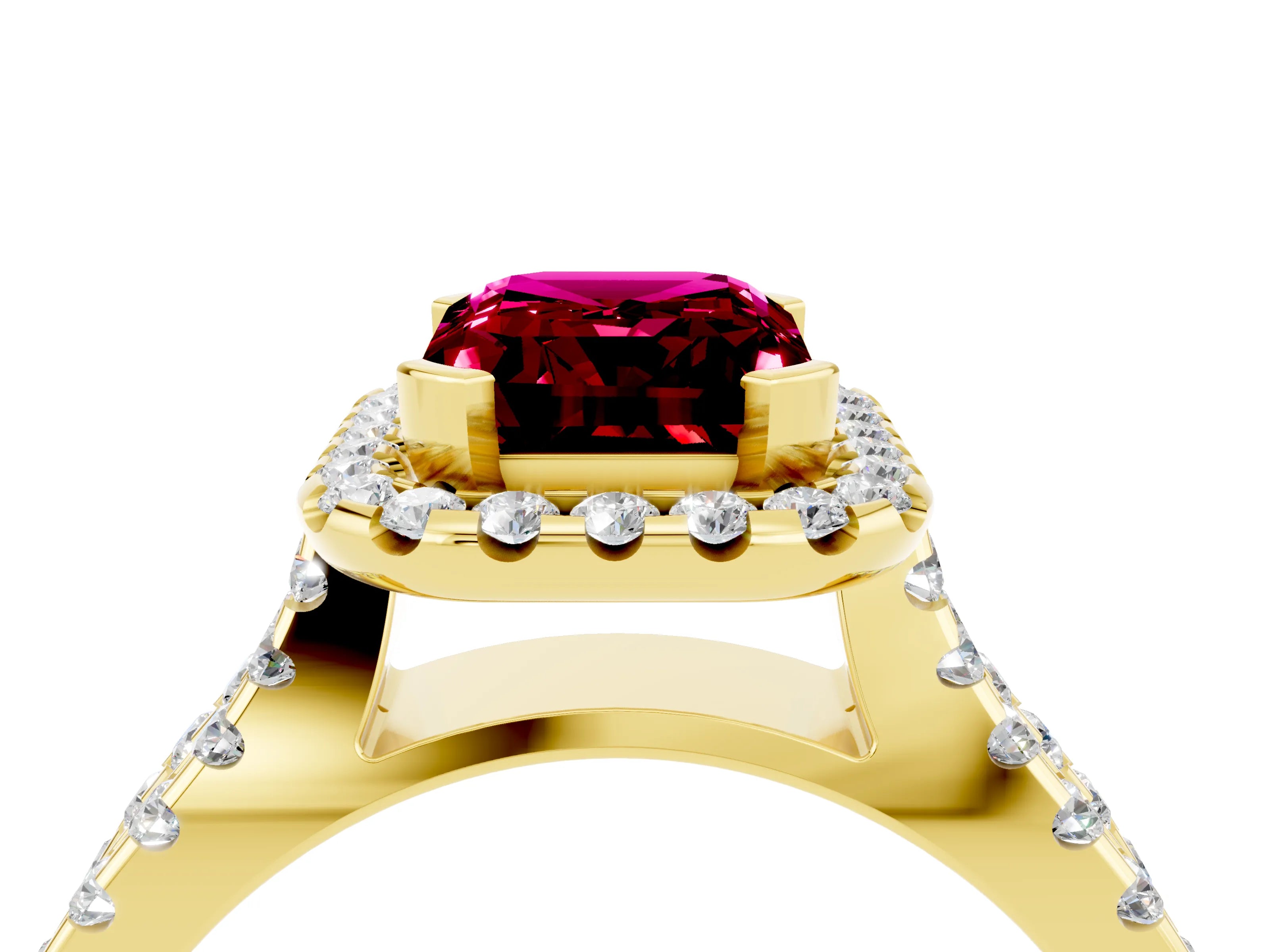 Yellow gold Emerald Cut Garnet Halo Ring with Split Shank Pavé Band and Prong Setting_4