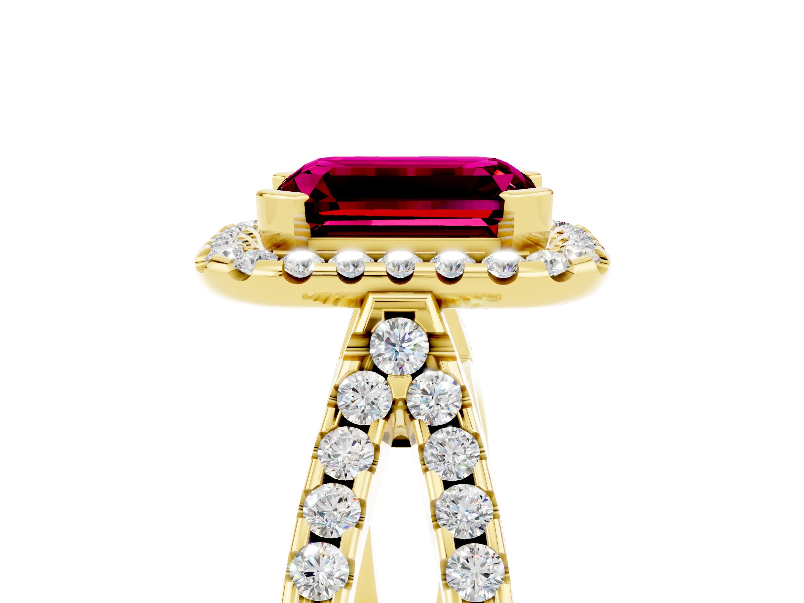 Yellow gold Emerald Cut Garnet Halo Ring with Split Shank Pavé Band and Prong Setting_5
