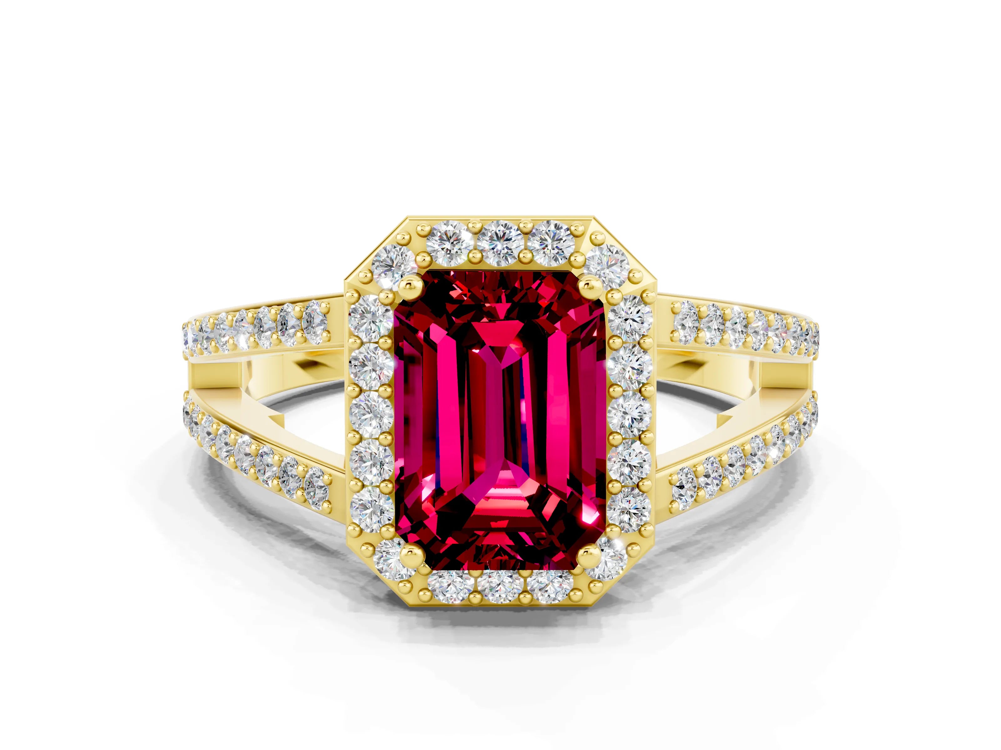 Yellow gold Emerald Cut Garnet Halo Ring with Split Shank U-Prong Band and Four-Prong Setting