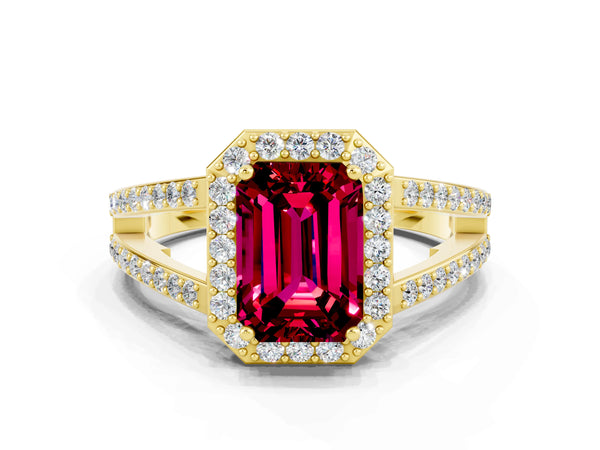 Yellow gold Emerald Cut Garnet Halo Ring with Split Shank U-Prong Band and Four-Prong Setting
