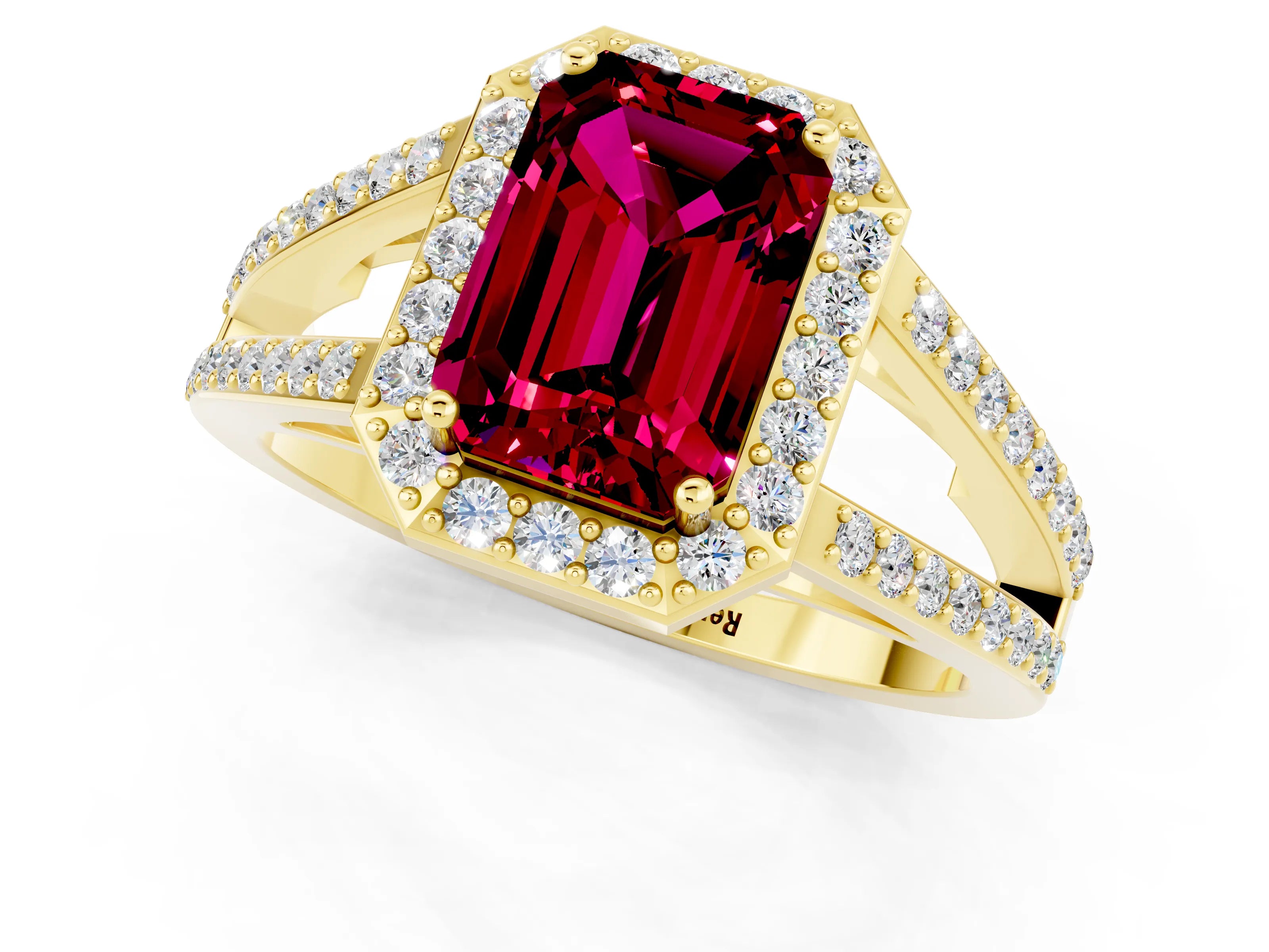 Yellow gold Emerald Cut Garnet Halo Ring with Split Shank U-Prong Band and Four-Prong Setting_1