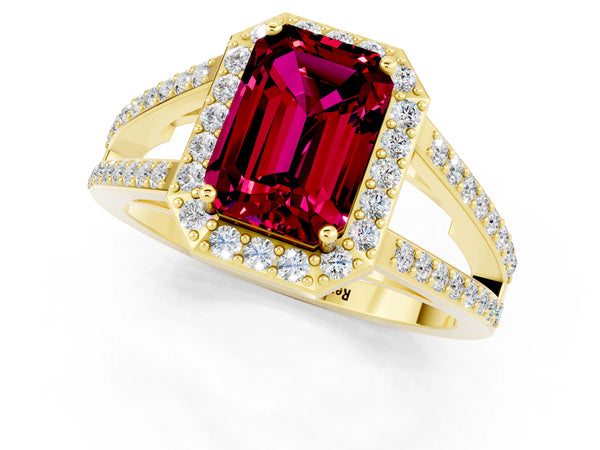Yellow gold Emerald Cut Garnet Halo Ring with Split Shank U-Prong Band and Four-Prong Setting