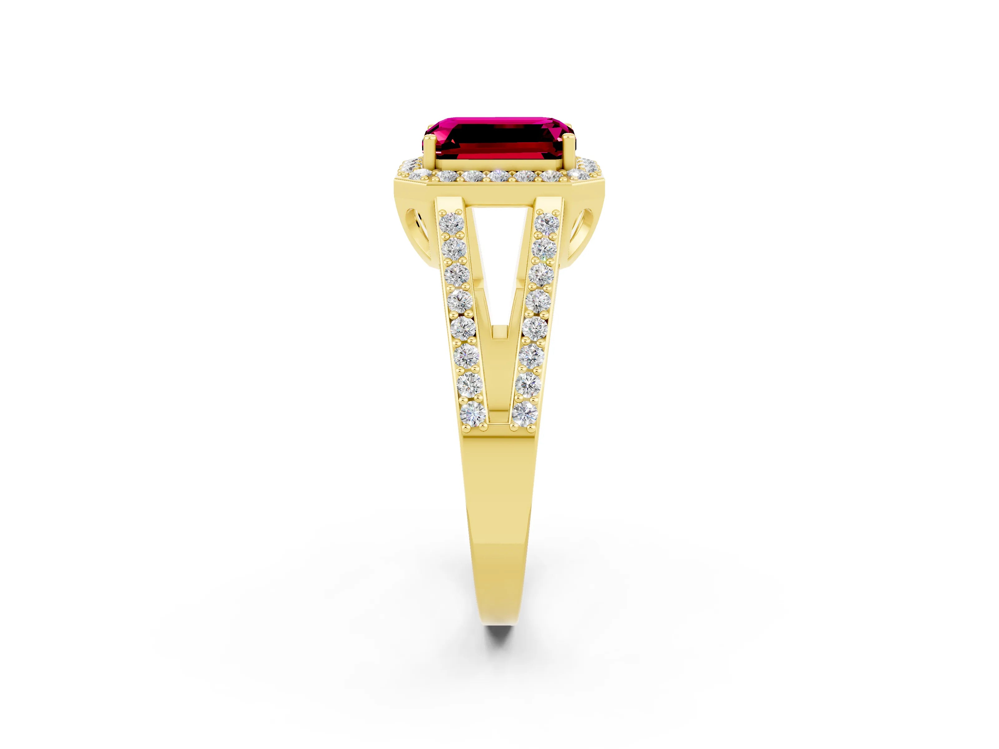 Yellow gold Emerald Cut Garnet Halo Ring with Split Shank U-Prong Band and Four-Prong Setting_2