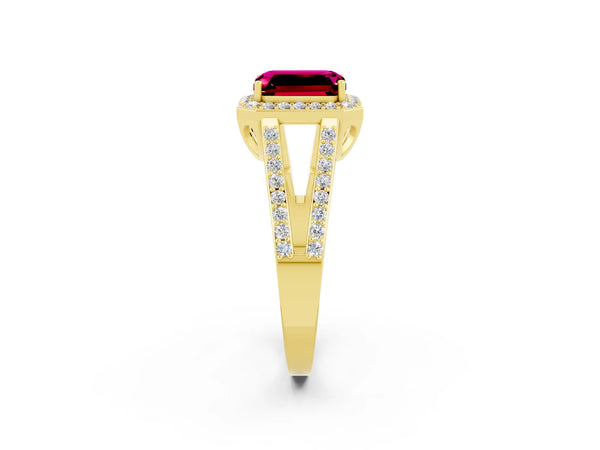 Yellow gold Emerald Cut Garnet Halo Ring with Split Shank U-Prong Band and Four-Prong Setting