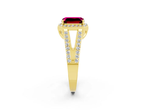 Yellow gold Emerald Cut Garnet Halo Ring with Split Shank U-Prong Band and Four-Prong Setting_2