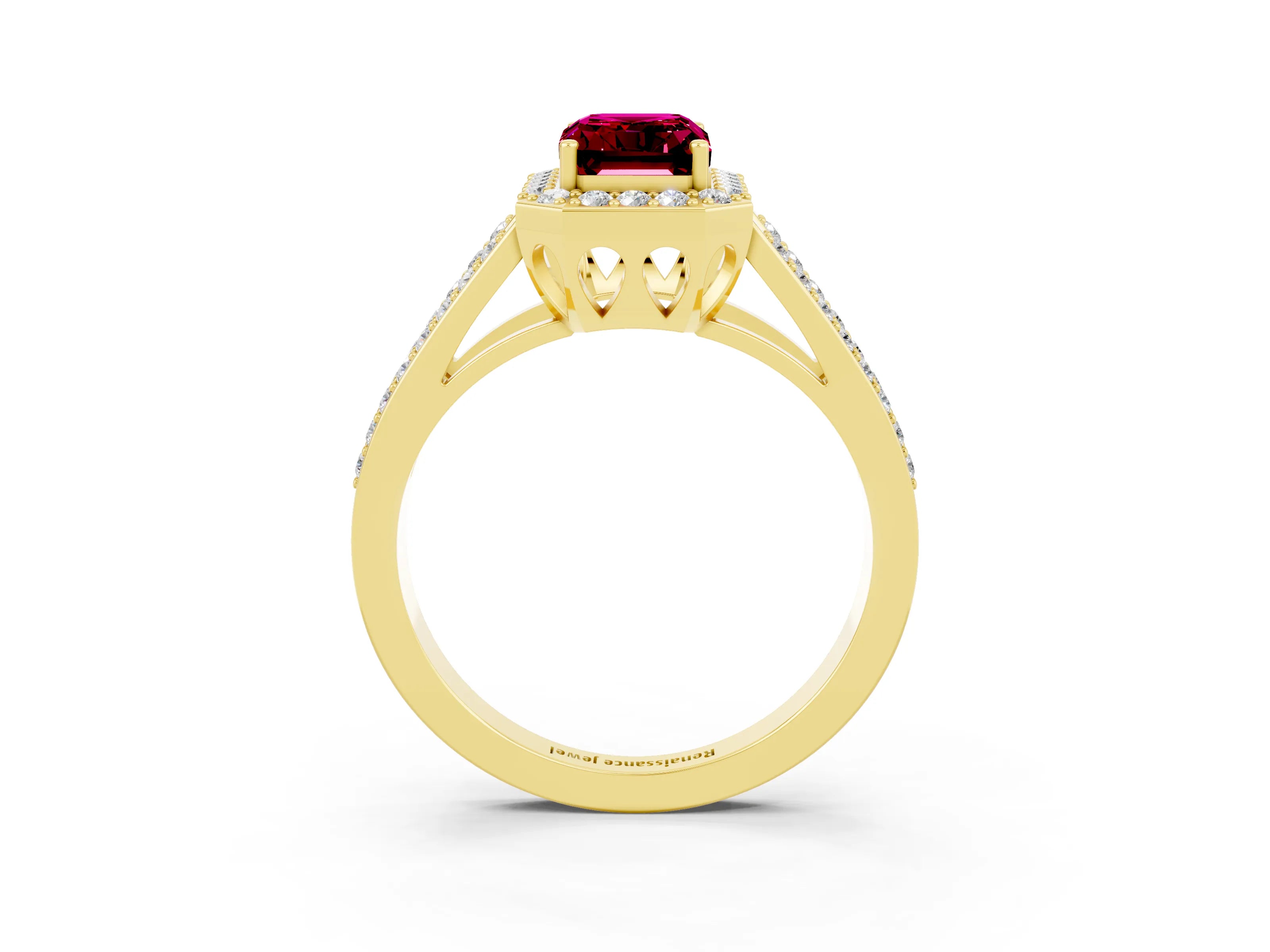 Yellow gold Emerald Cut Garnet Halo Ring with Split Shank U-Prong Band and Four-Prong Setting_3