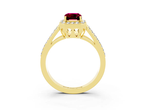Yellow gold Emerald Cut Garnet Halo Ring with Split Shank U-Prong Band and Four-Prong Setting