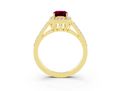 Yellow gold Emerald Cut Garnet Halo Ring with Split Shank U-Prong Band and Four-Prong Setting_3
