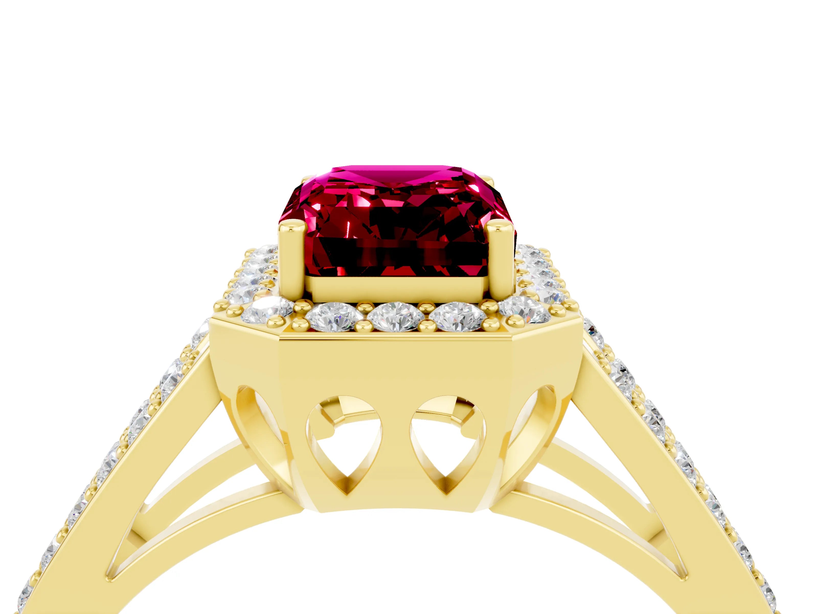 Yellow gold Emerald Cut Garnet Halo Ring with Split Shank U-Prong Band and Four-Prong Setting_4