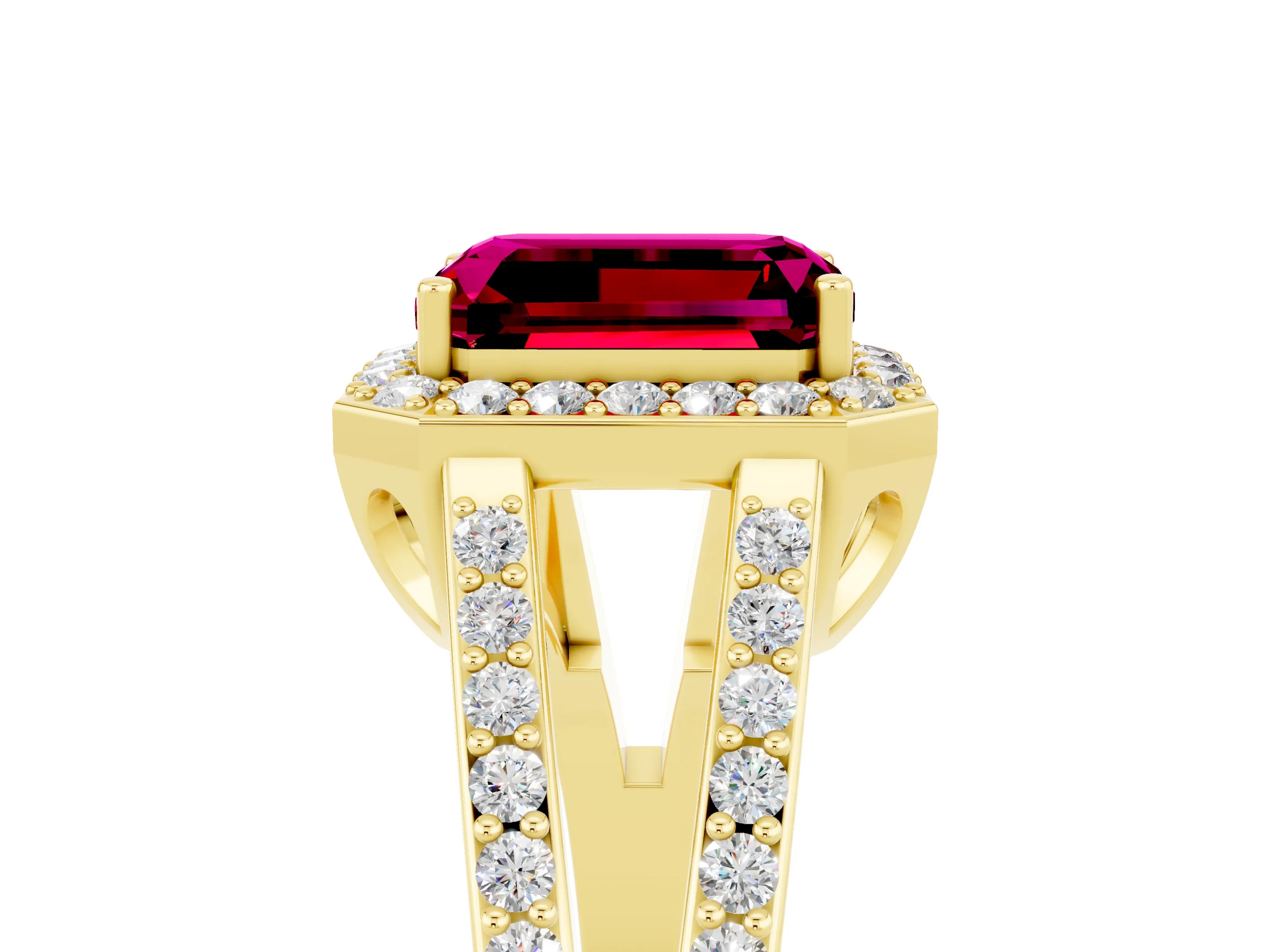 Yellow gold Emerald Cut Garnet Halo Ring with Split Shank U-Prong Band and Four-Prong Setting_5