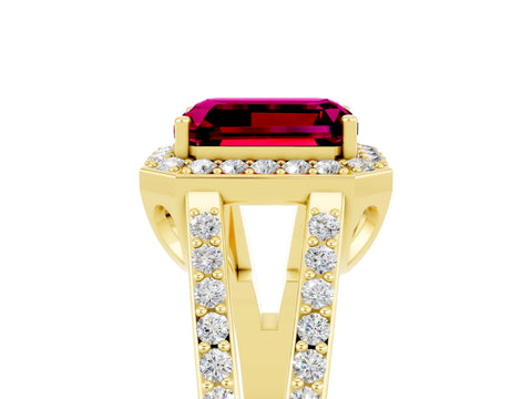 Yellow gold Emerald Cut Garnet Halo Ring with Split Shank U-Prong Band and Four-Prong Setting_5
