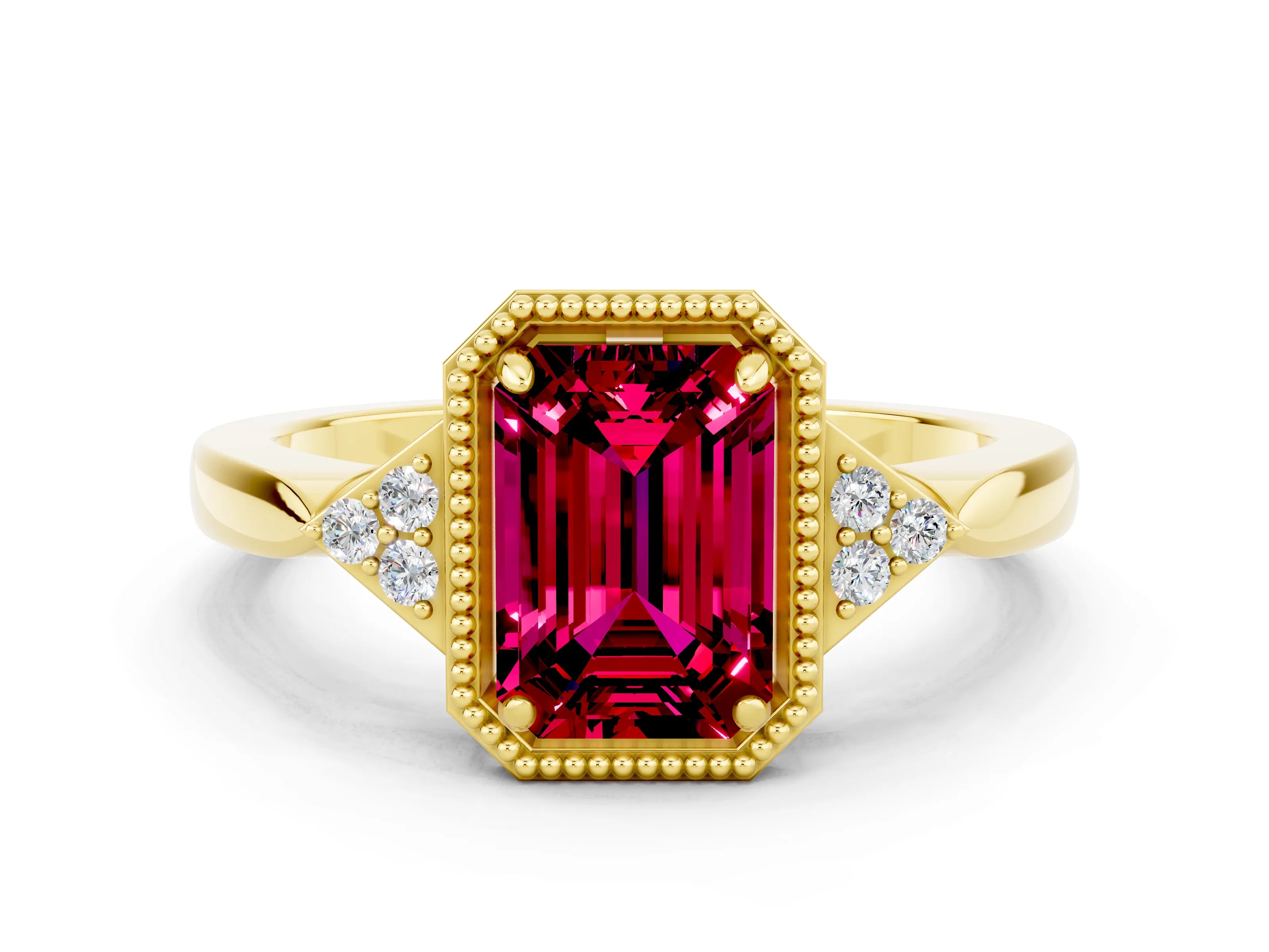 Yellow gold Emerald Cut Garnet Halo Ring with Tapered Band and Four-Prong Setting