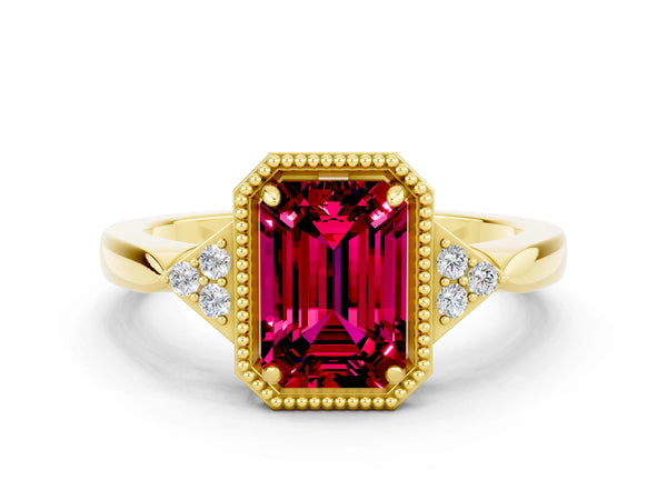 Yellow gold Emerald Cut Garnet Halo Ring with Tapered Band and Four-Prong Setting
