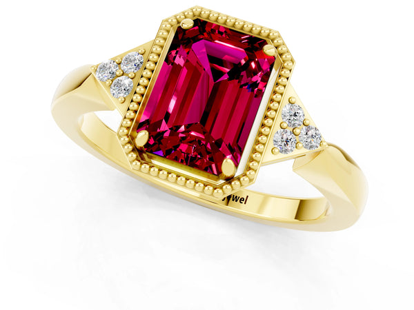 Yellow gold Emerald Cut Garnet Halo Ring with Tapered Band and Four-Prong Setting