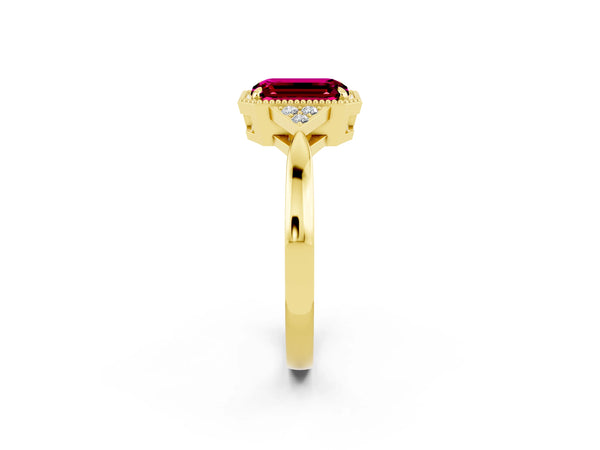 Yellow gold Emerald Cut Garnet Halo Ring with Tapered Band and Four-Prong Setting