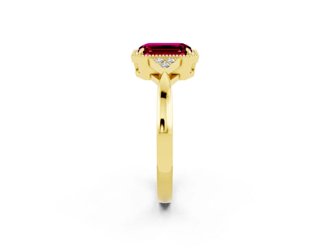 Yellow gold Emerald Cut Garnet Halo Ring with Tapered Band and Four-Prong Setting_2
