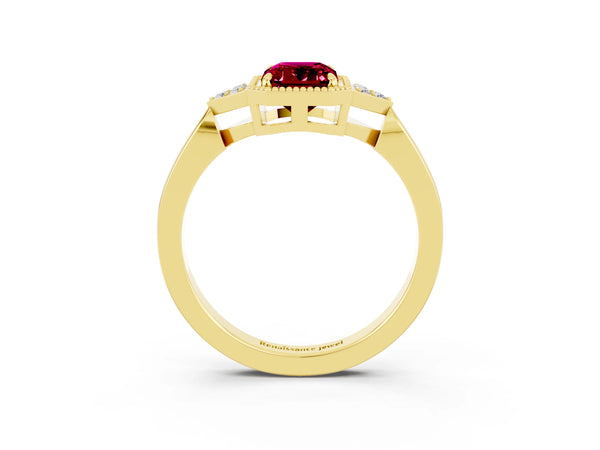Yellow gold Emerald Cut Garnet Halo Ring with Tapered Band and Four-Prong Setting