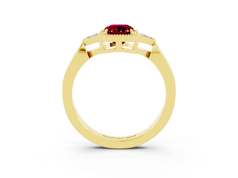 Yellow gold Emerald Cut Garnet Halo Ring with Tapered Band and Four-Prong Setting_3