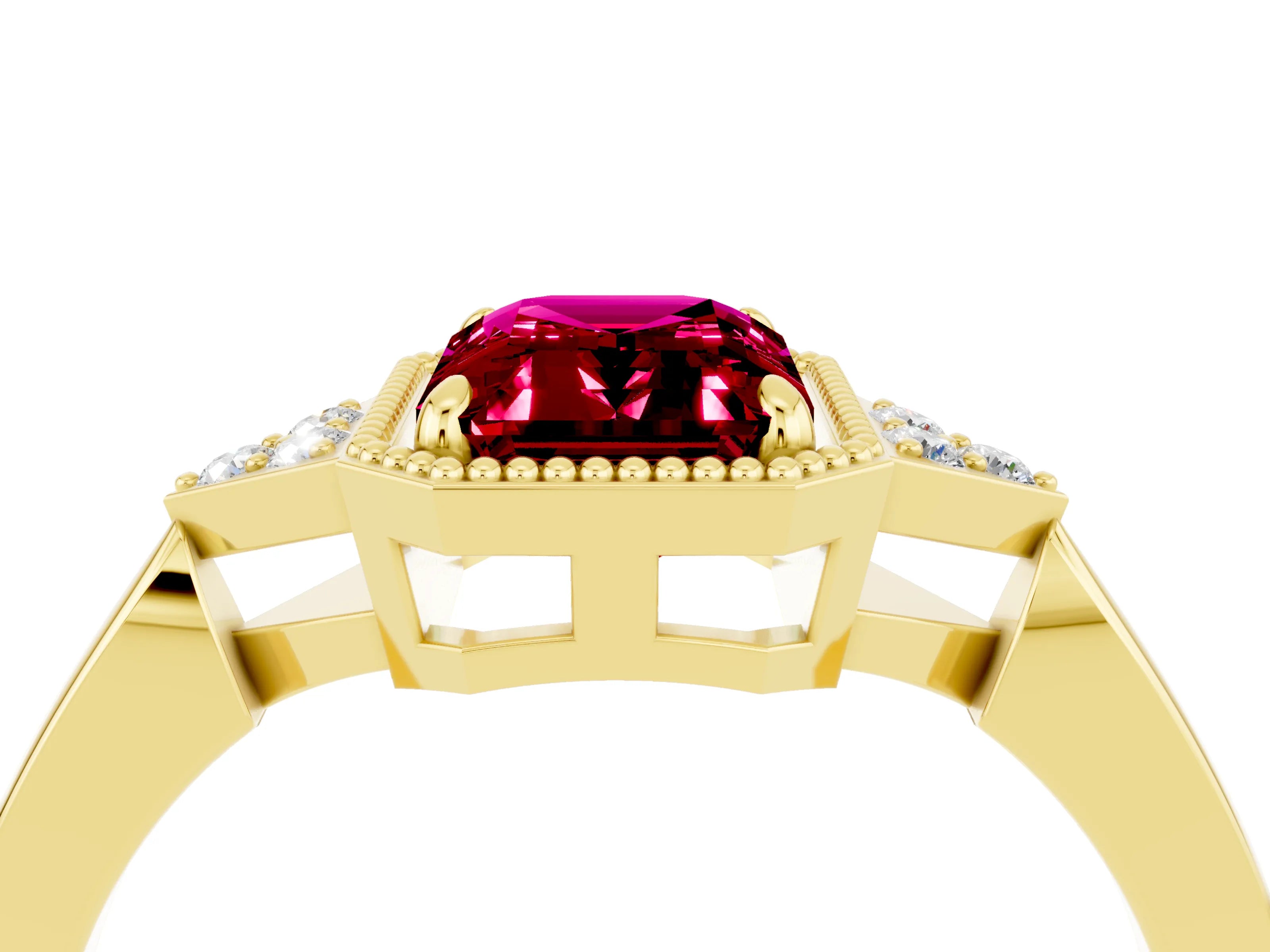 Yellow gold Emerald Cut Garnet Halo Ring with Tapered Band and Four-Prong Setting_4
