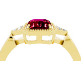 Yellow gold Emerald Cut Garnet Halo Ring with Tapered Band and Four-Prong Setting_4