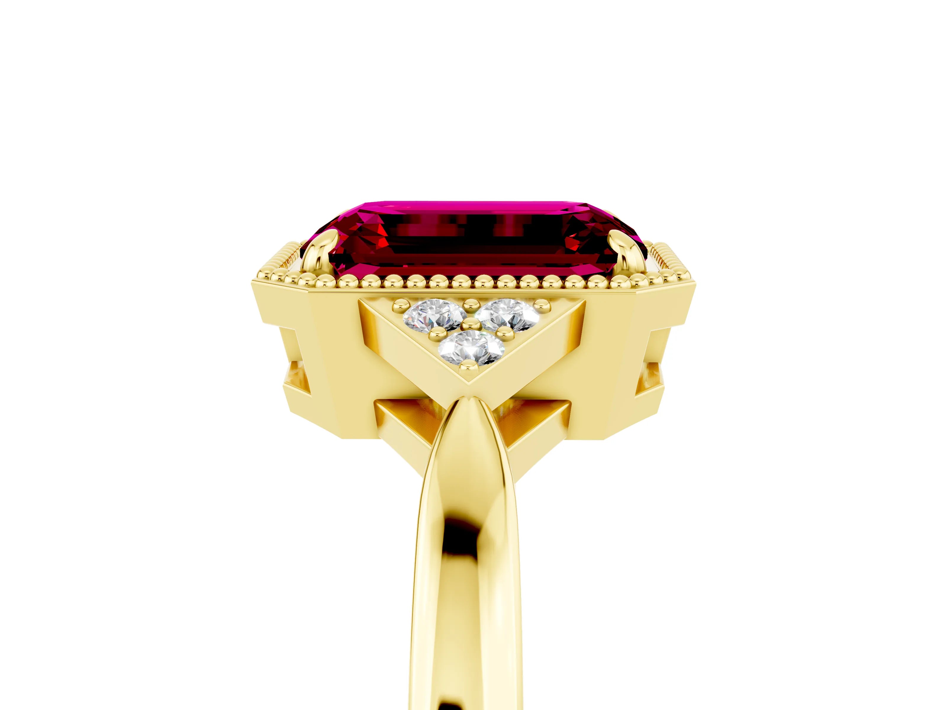 Yellow gold Emerald Cut Garnet Halo Ring with Tapered Band and Four-Prong Setting_5