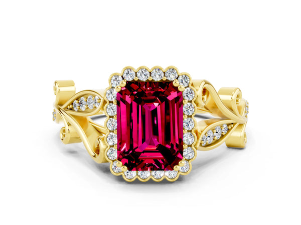 Yellow gold Emerald Cut Garnet Halo Ring with Vintage Split Shank and Four-Prong Setting