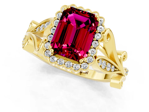 Yellow gold Emerald Cut Garnet Halo Ring with Vintage Split Shank and Four-Prong Setting_1