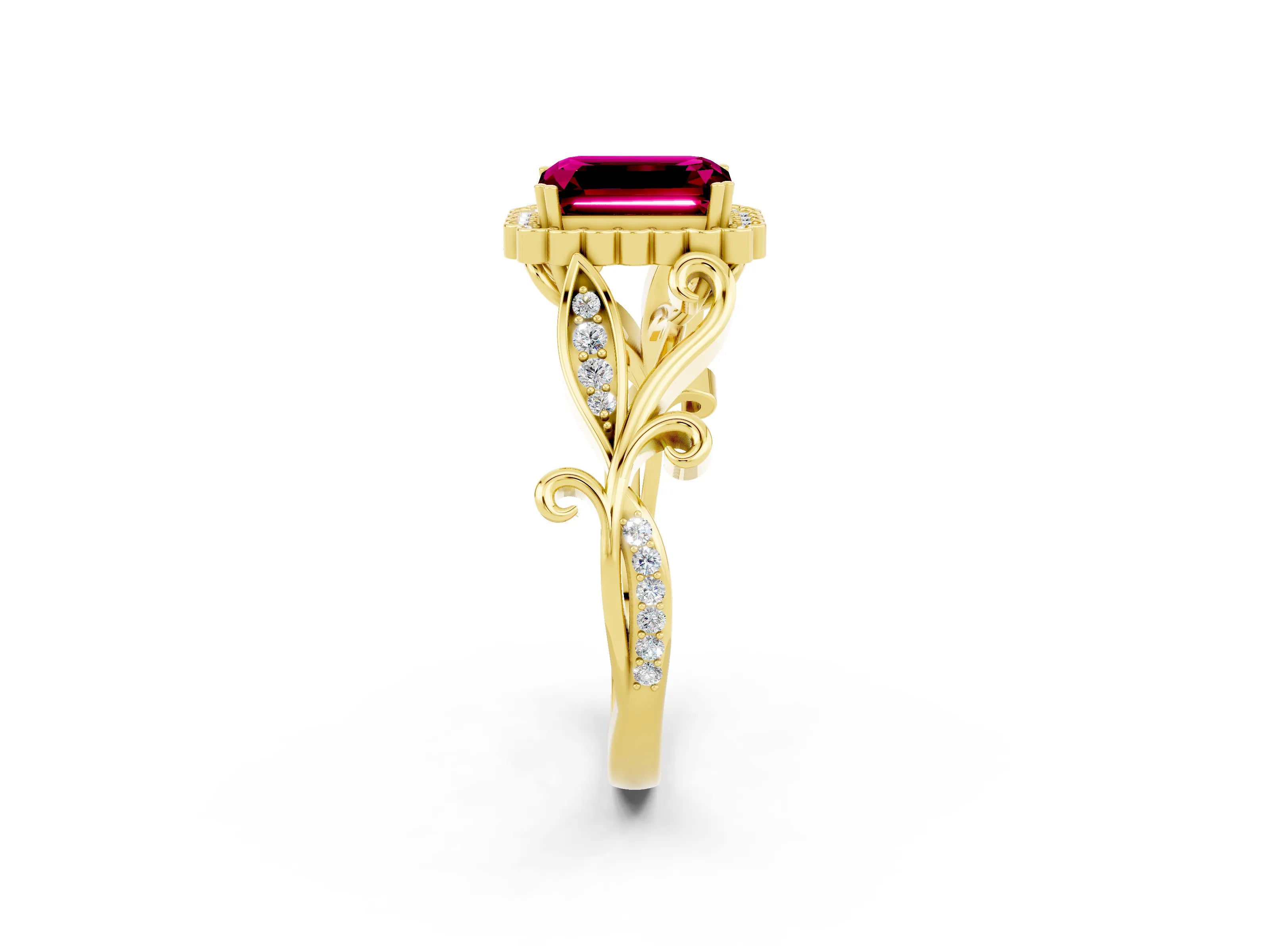 Yellow gold Emerald Cut Garnet Halo Ring with Vintage Split Shank and Four-Prong Setting_2