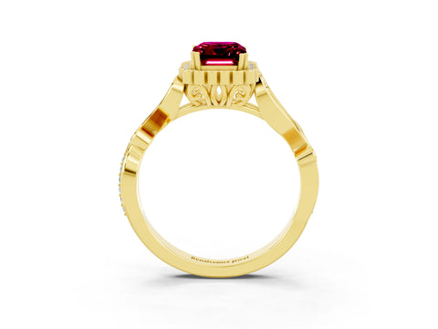 Yellow gold Emerald Cut Garnet Halo Ring with Vintage Split Shank and Four-Prong Setting_3