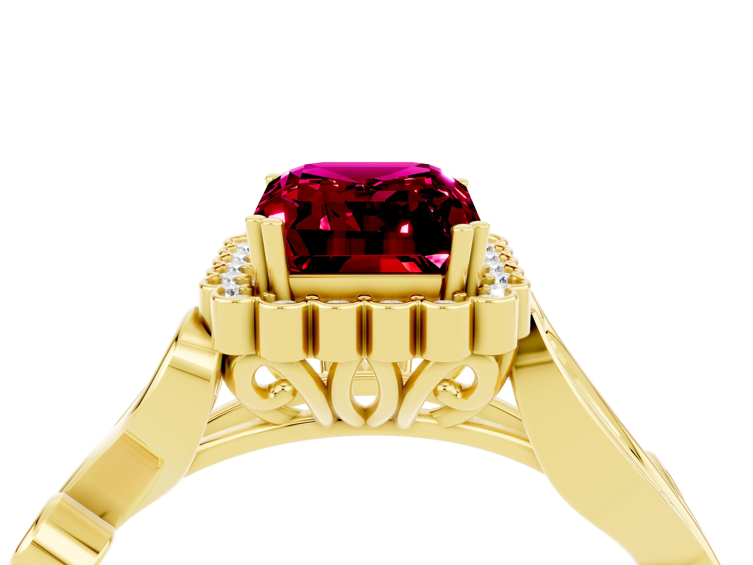 Yellow gold Emerald Cut Garnet Halo Ring with Vintage Split Shank and Four-Prong Setting_4