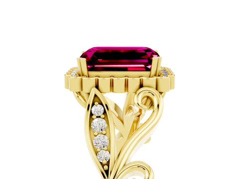 Yellow gold Emerald Cut Garnet Halo Ring with Vintage Split Shank and Four-Prong Setting_5
