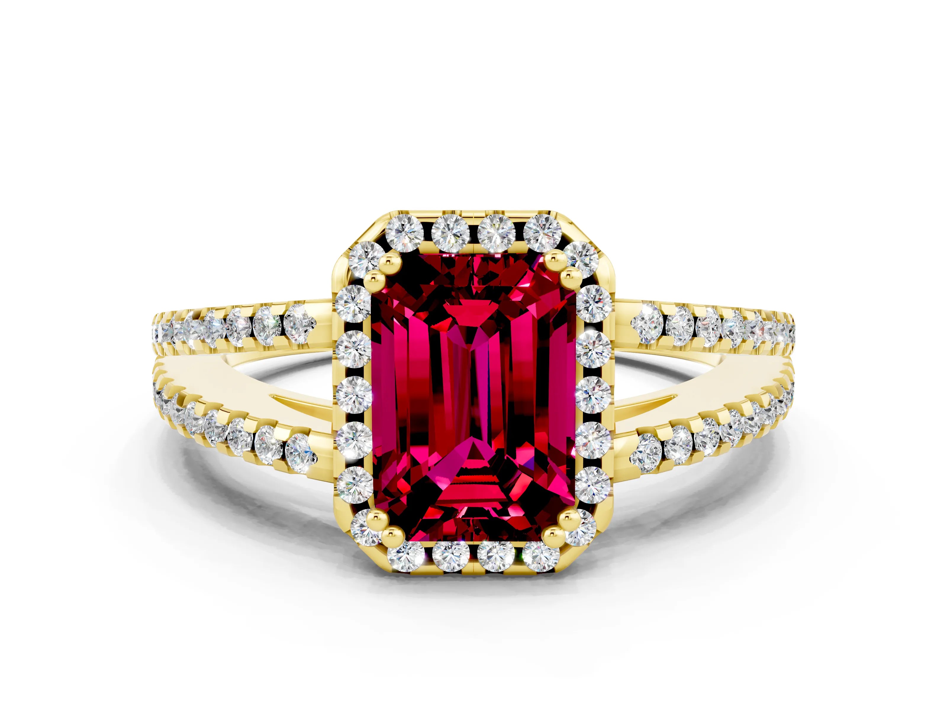 Yellow gold Emerald Cut Garnet Halo Split Shank Engagement Ring_12