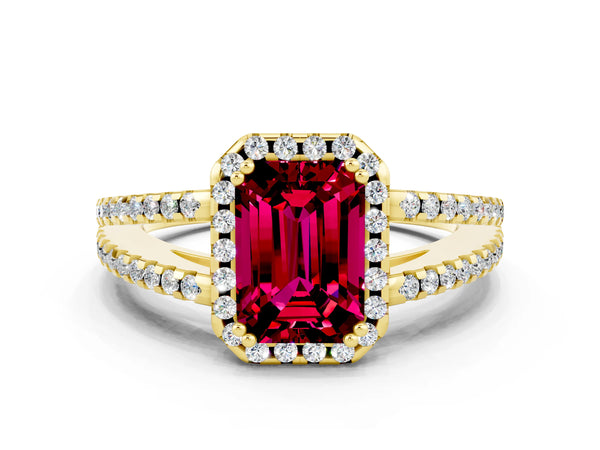 Yellow gold Emerald Cut Garnet Halo Split Shank Engagement Ring