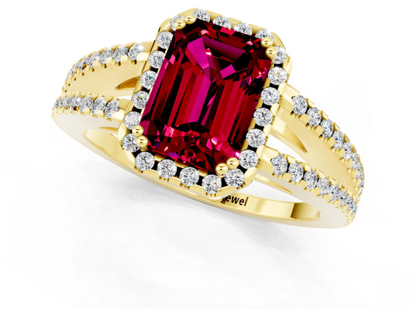 Yellow gold Emerald Cut Garnet Halo Split Shank Engagement Ring