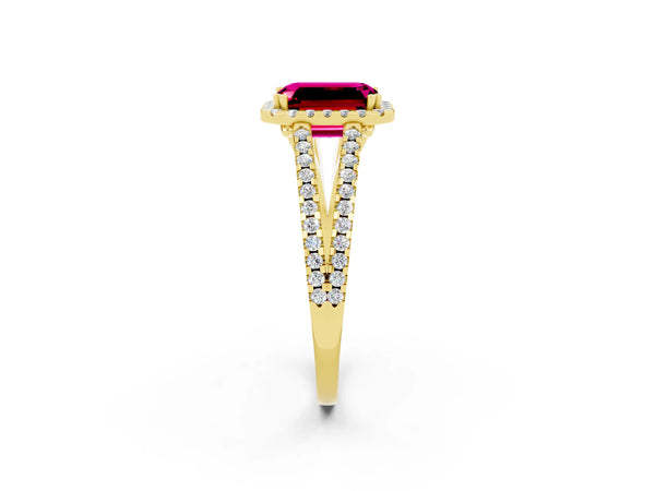 Yellow gold Emerald Cut Garnet Halo Split Shank Engagement Ring