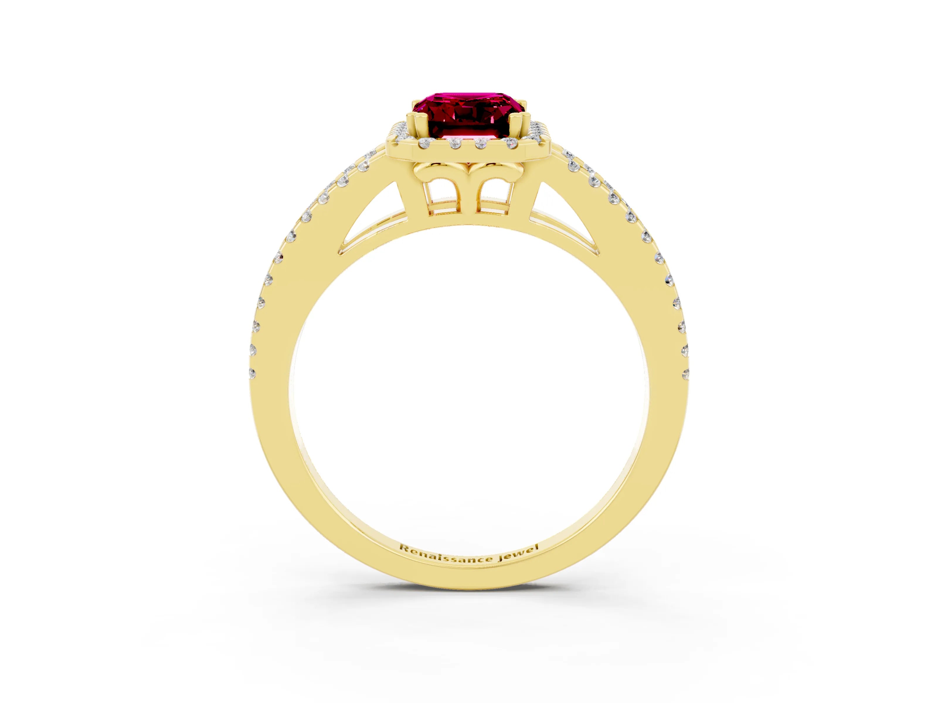 Yellow gold Emerald Cut Garnet Halo Split Shank Engagement Ring_15