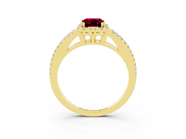 Yellow gold Emerald Cut Garnet Halo Split Shank Engagement Ring