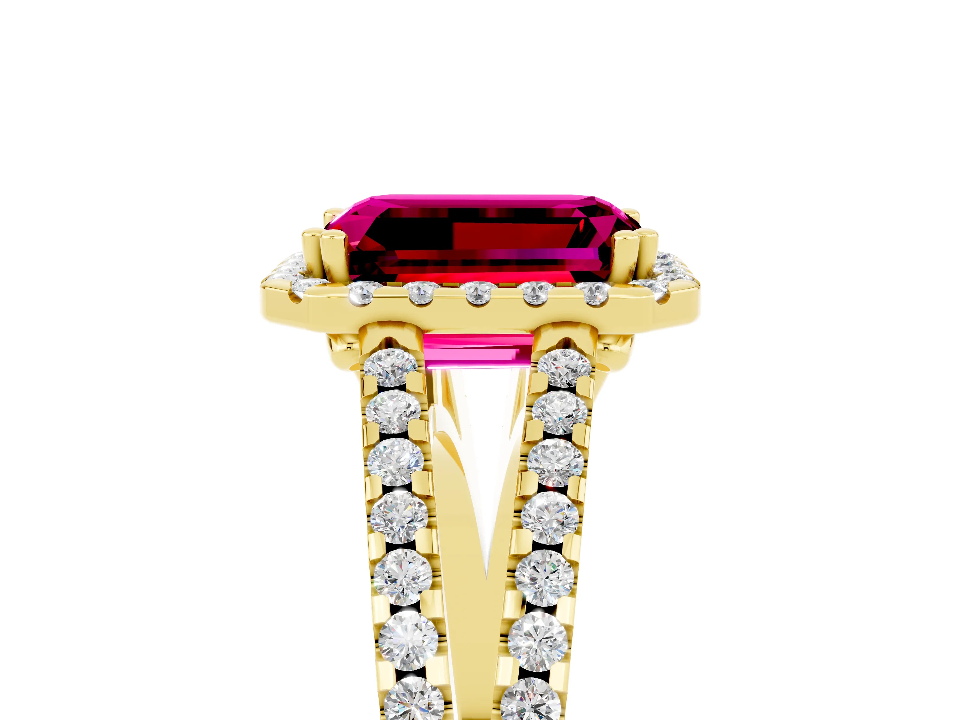 Yellow gold Emerald Cut Garnet Halo Split Shank Engagement Ring_17