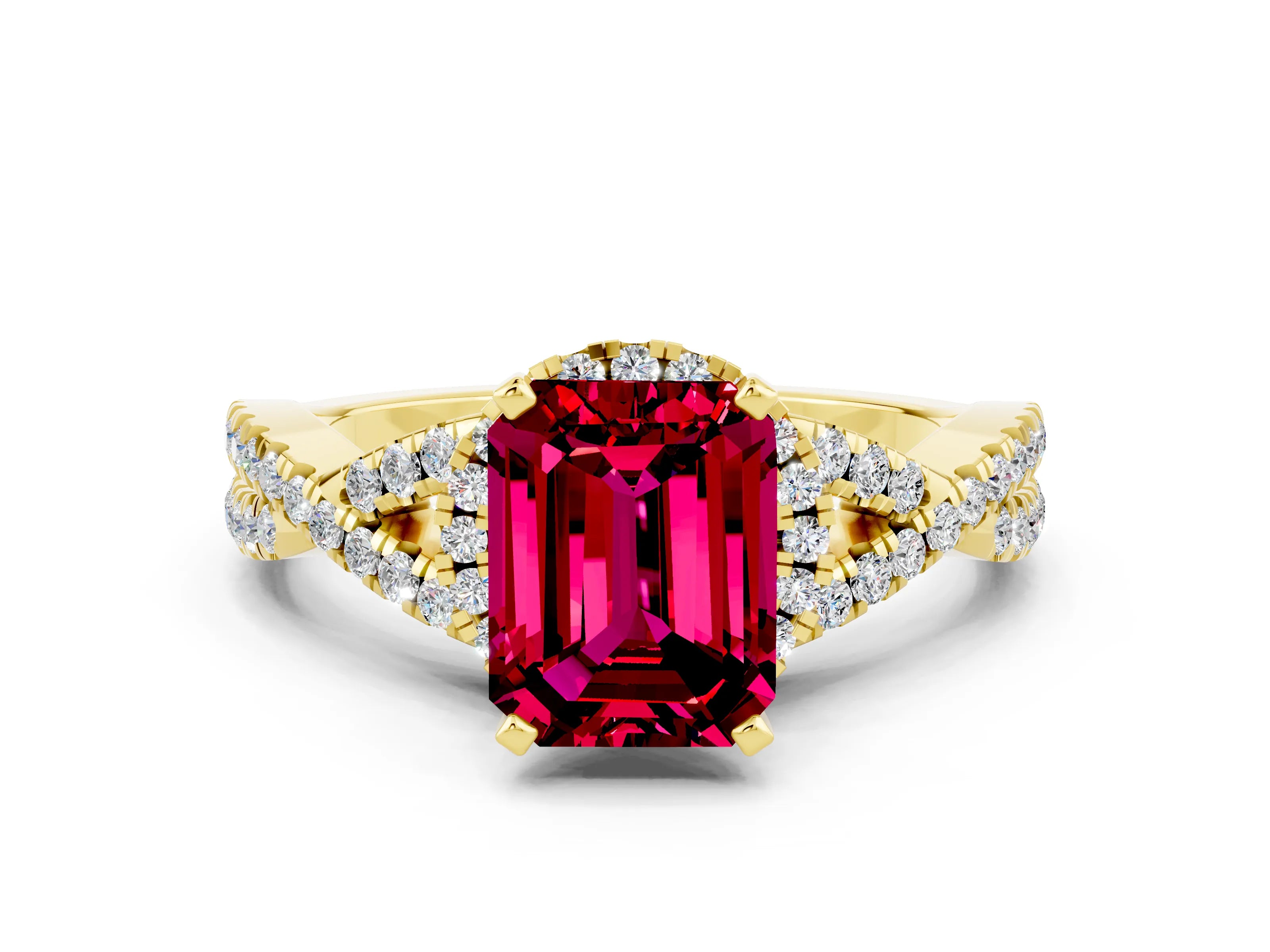 Yellow gold Emerald Cut Garnet Halo Twist Band Solitaire Prong Setting Ring